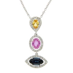 3.12 Ct Natural Multi Stones & 0.55 Ct Diamonds 14k Gold Drop Necklace