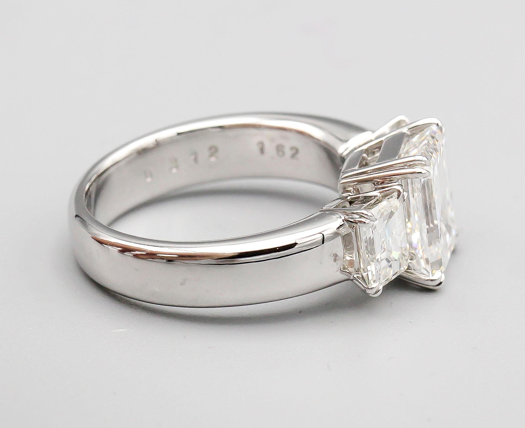 3.12 E/VVS1 Carat Emerald-Cut Diamond Platinum 3 Stone Ring In Excellent Condition In New York, NY