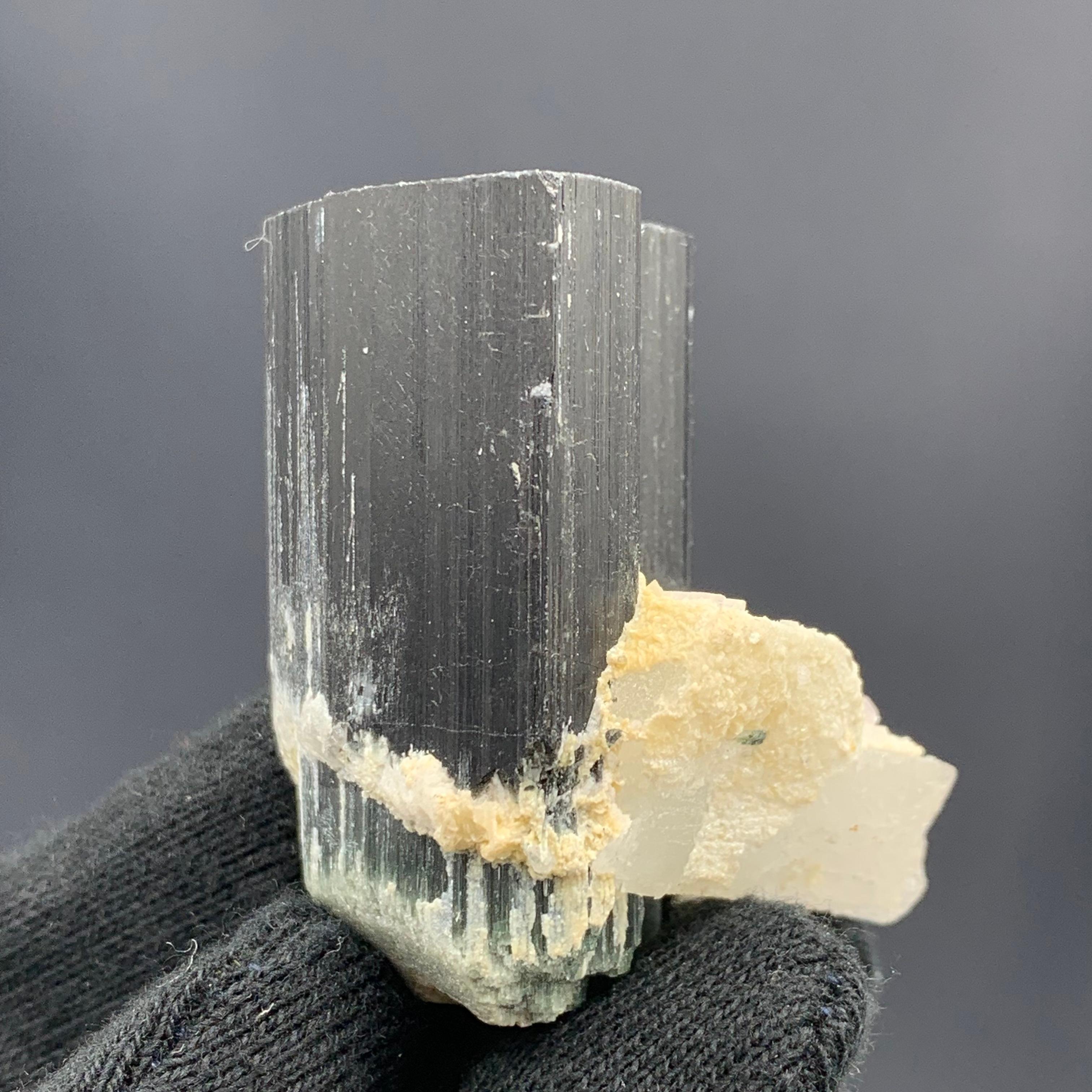 Gorgeous Black Tourmaline Lepidolite Specimen From Afghanistan 
Weight: 312.05 Carat 
Dimension : 4.4 x 2.8 x 3.1 cm 
Origin : Afghanistan

Tourmaline is a crystalline silicate mineral group in which boron is compounded with elements such as
