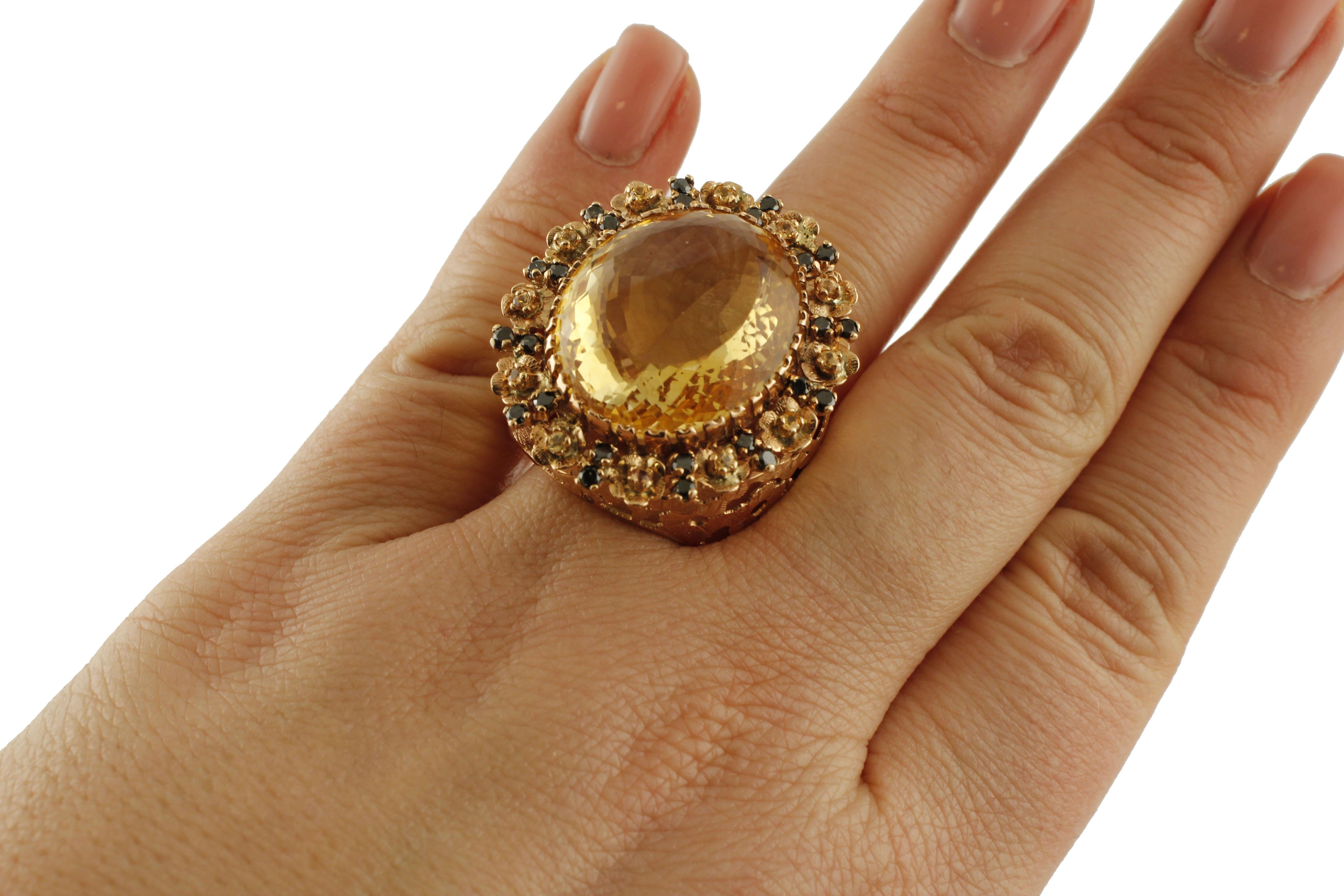 Women's 31.22 Carat of Topaz Yellow Sapphires Black Diamonds Rose Gold Cocktail Ring