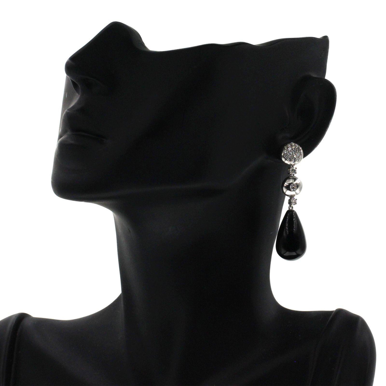31.24 CT Natural Black Onyx & 0.86 CT Diamonds in 18K White Gold Drop Earrings 1