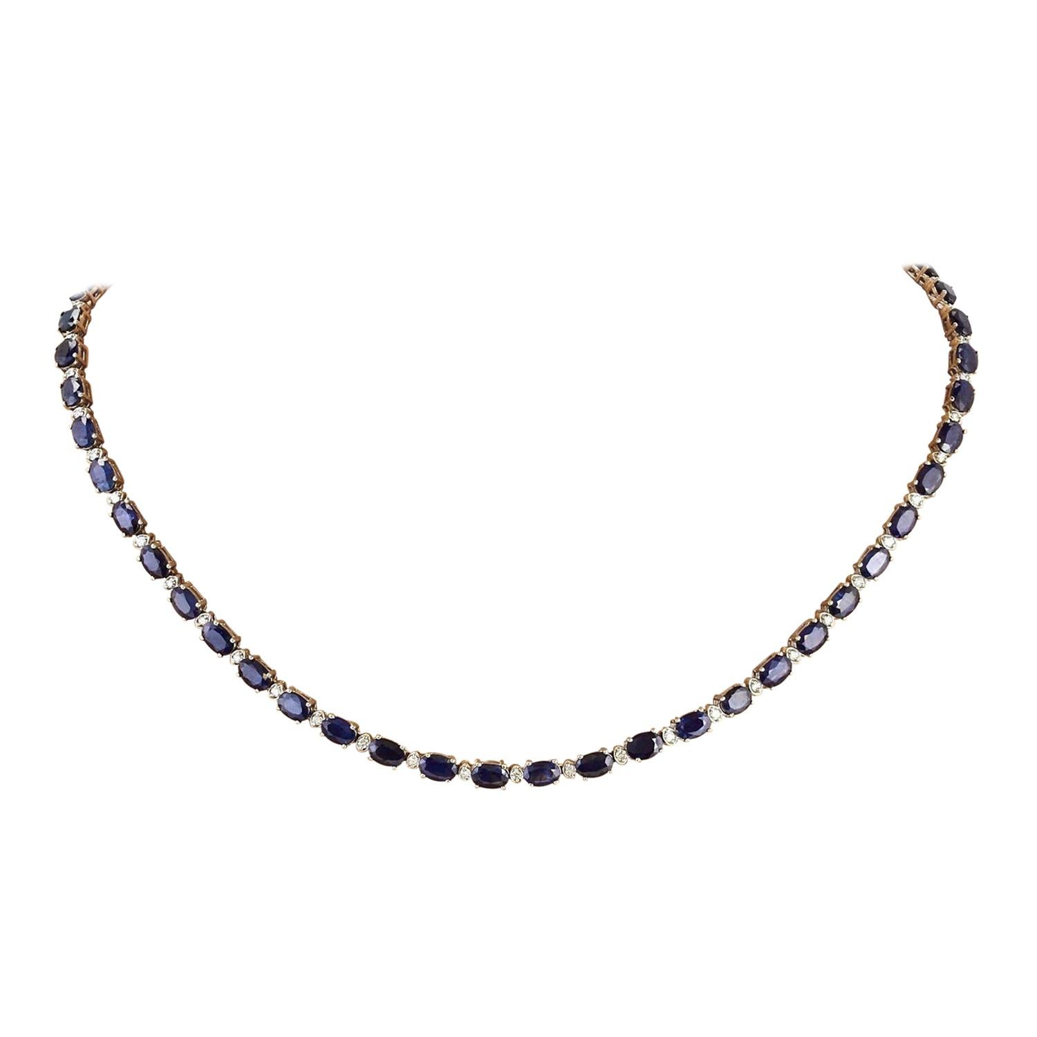 Natural Sapphire Diamond Necklace In 14 Karat Solid White Gold 
