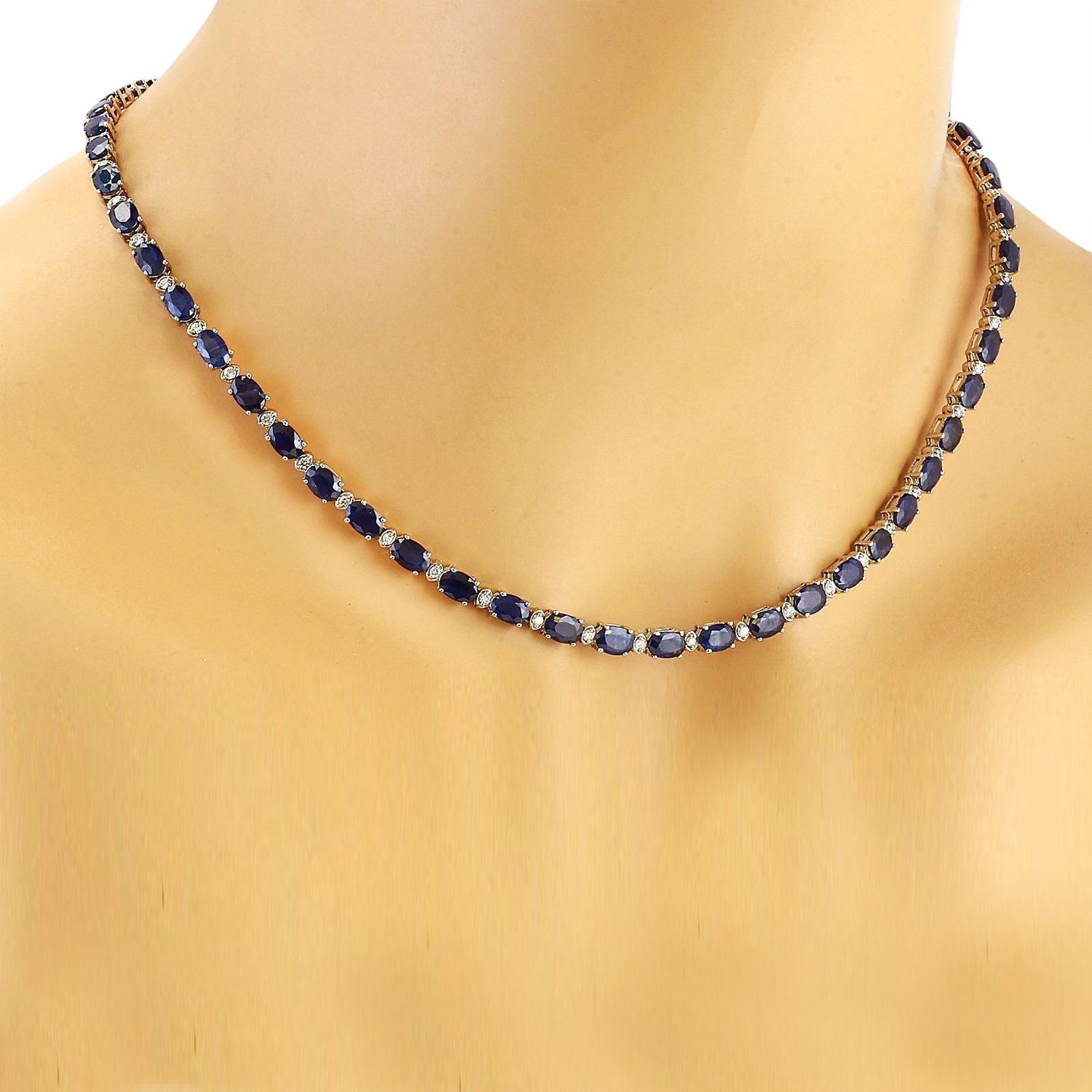 31.25 Carat Natural Sapphire 14K Solid White Gold Diamond Necklace
 Item Type: Necklace
 Item Style: Tennis
 Item Length: 17 Inches
 Material: 18K White Gold
 Mainstone: Sapphire
 Stone Color: Blue
 Stone Weight: 30.00 Carat
 Stone Shape: Oval
