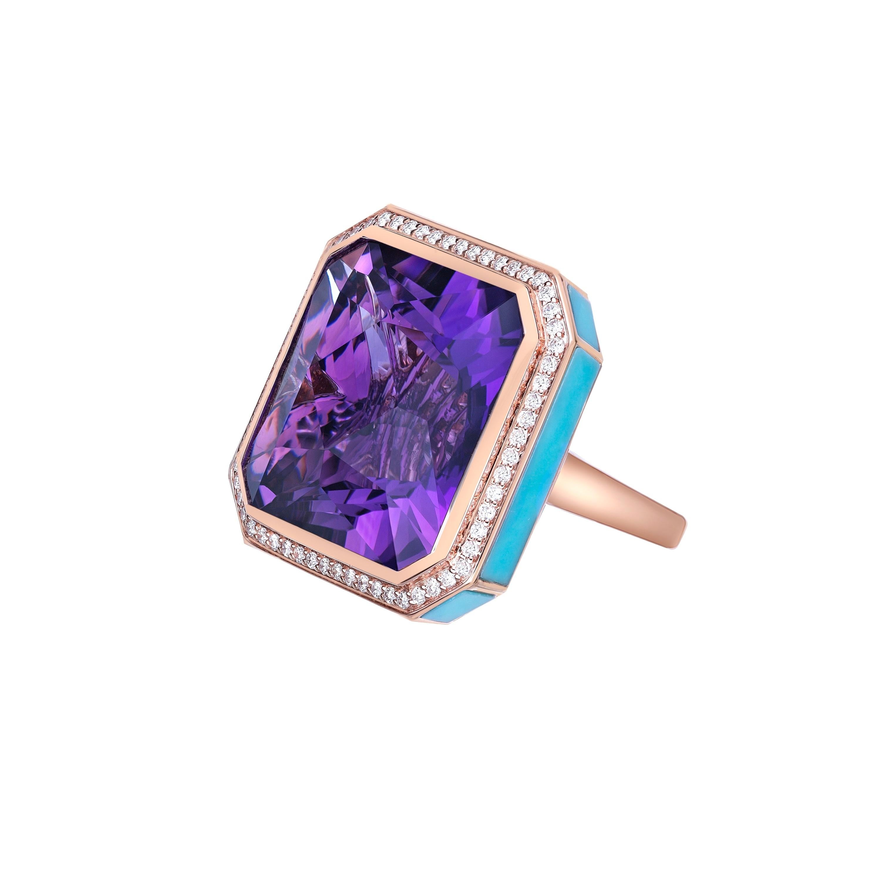 Octagon Cut 31.26 Carat Amethyst Fancy Ring in 18KRG with Turquoise, Garnet and Diamond. For Sale