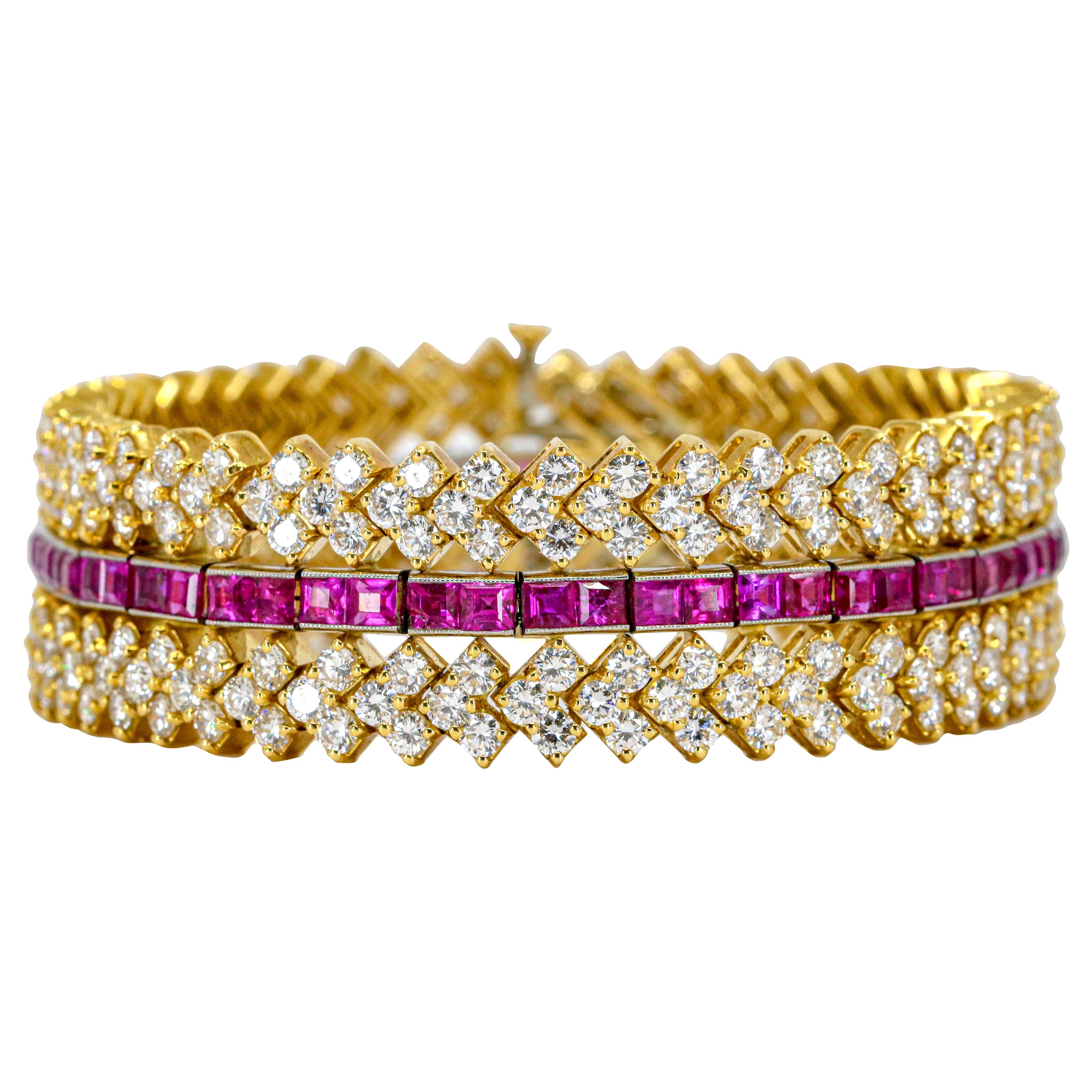 31.28 Carat 18 Karat Yellow Gold Ruby Diamond Wide Bracelet For Sale