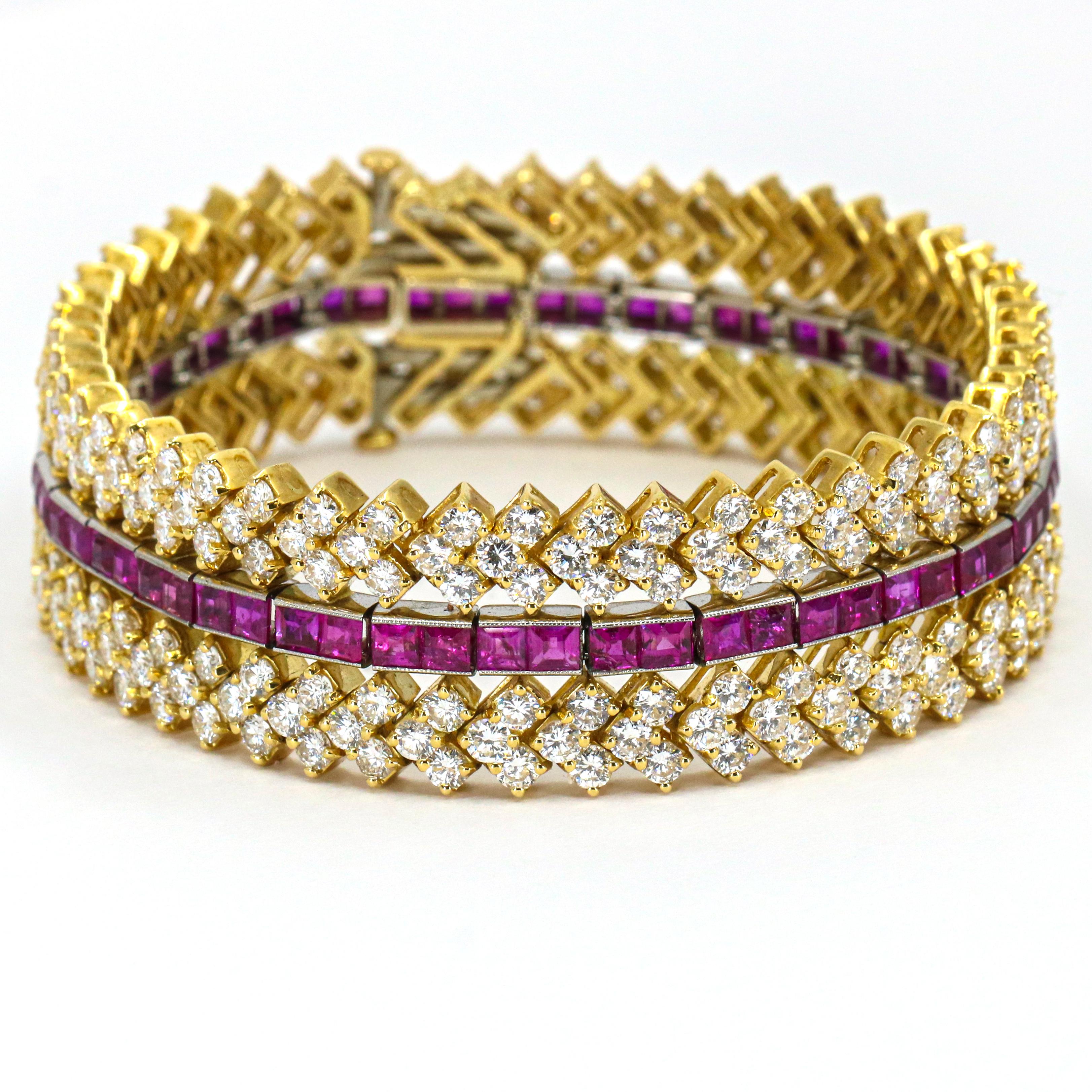 Round Cut 31.28 Carat 18 Karat Yellow Gold Ruby Diamond Wide Bracelet For Sale
