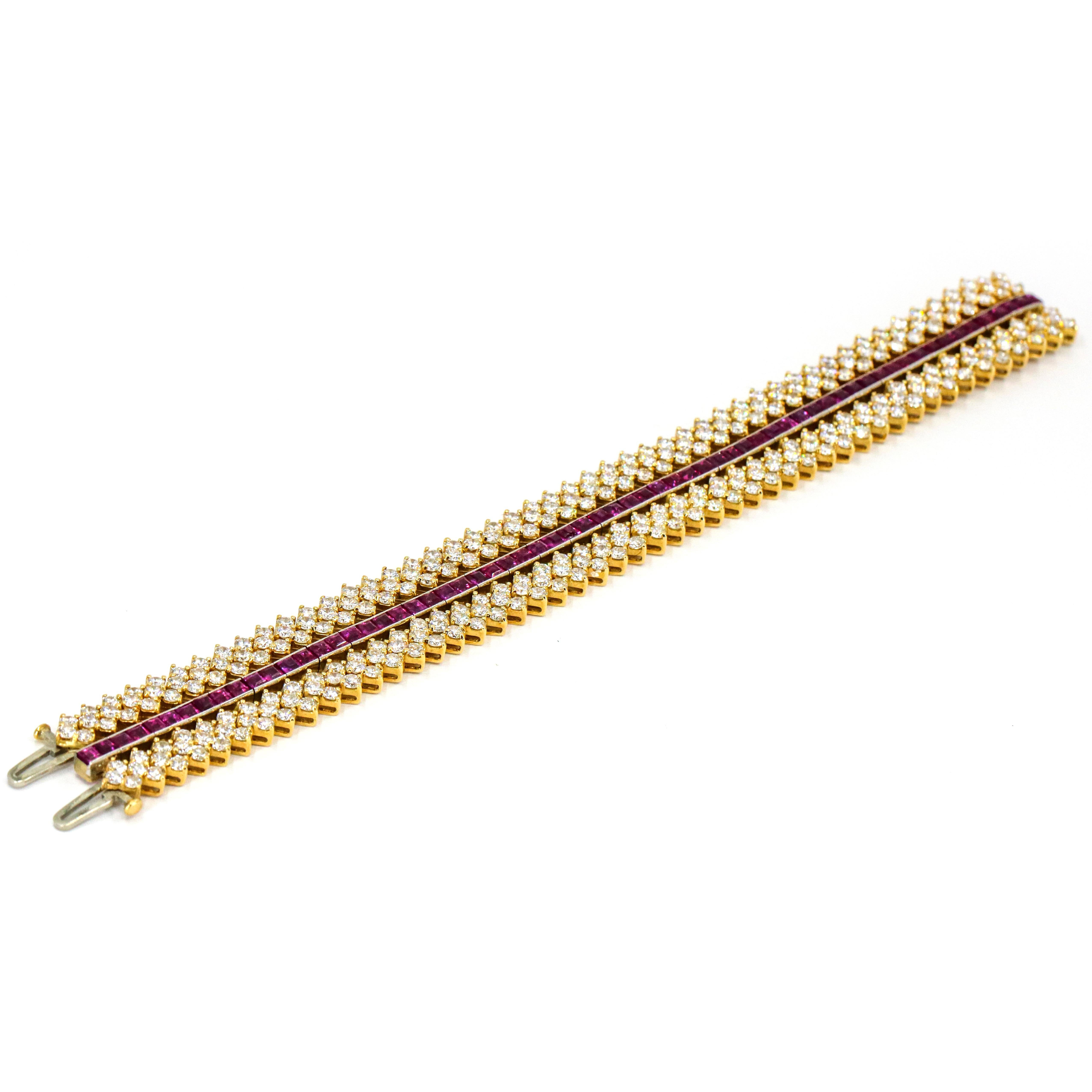 Women's 31.28 Carat 18 Karat Yellow Gold Ruby Diamond Wide Bracelet For Sale