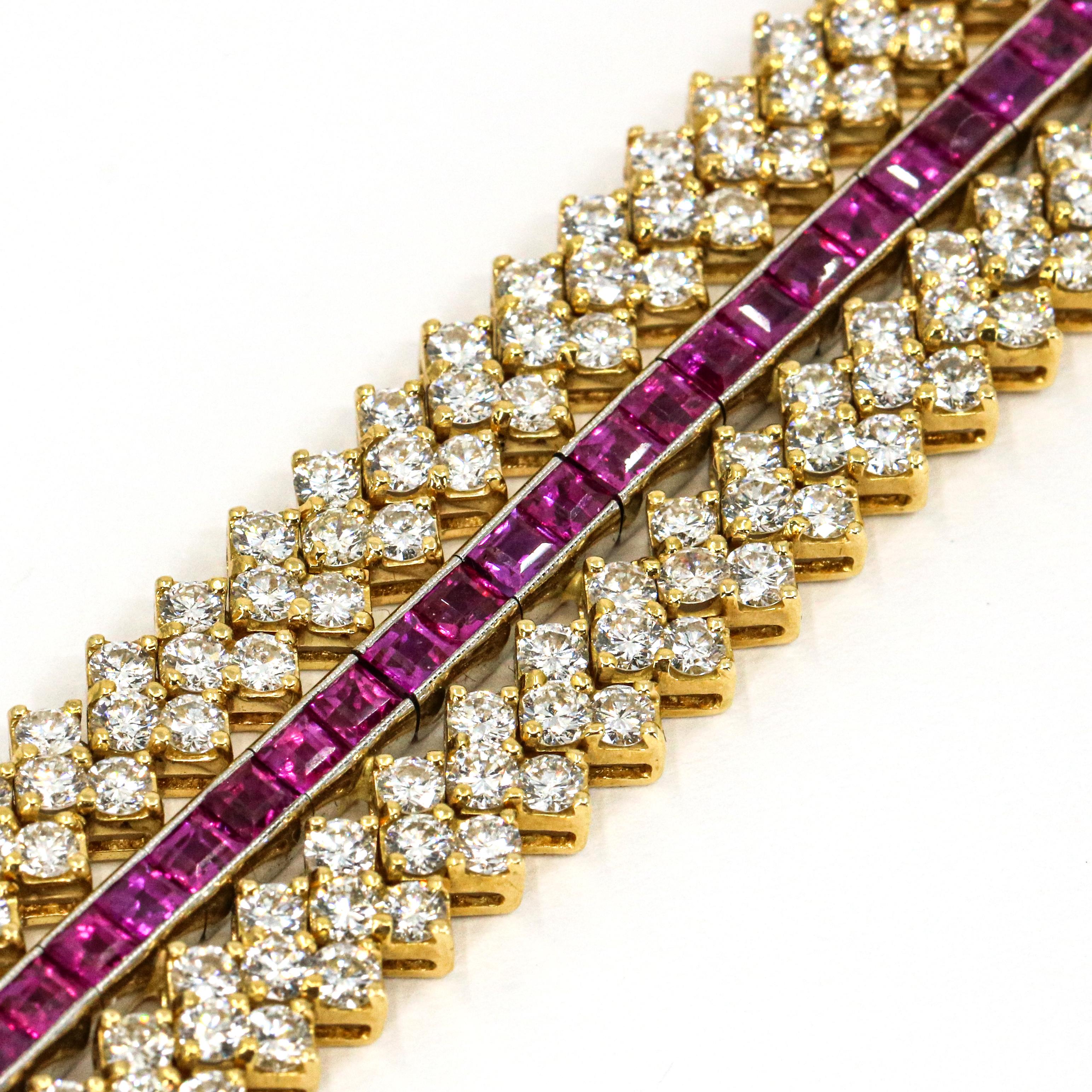 31.28 Carat 18 Karat Yellow Gold Ruby Diamond Wide Bracelet For Sale 1