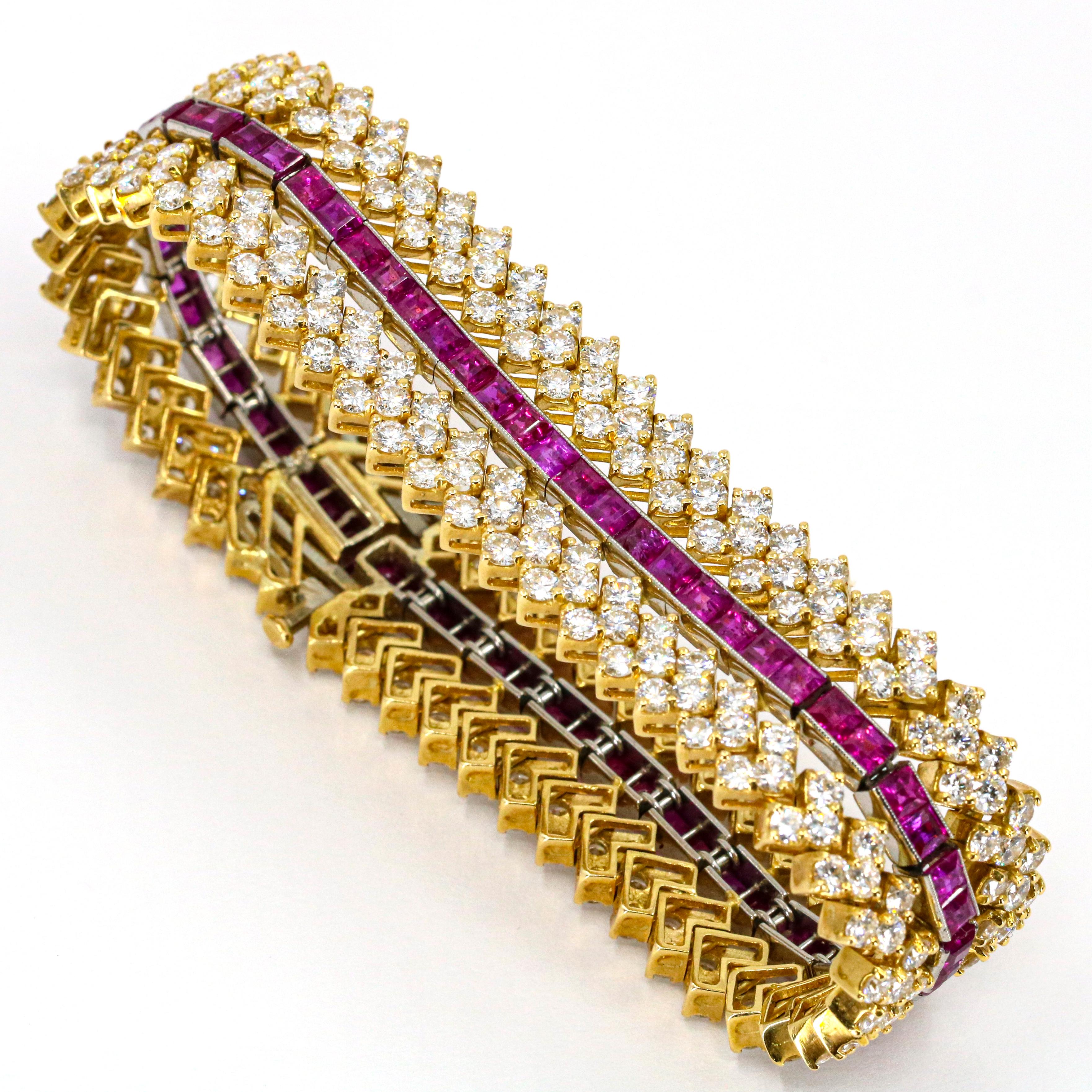 31.28 Carat 18 Karat Yellow Gold Ruby Diamond Wide Bracelet For Sale 2
