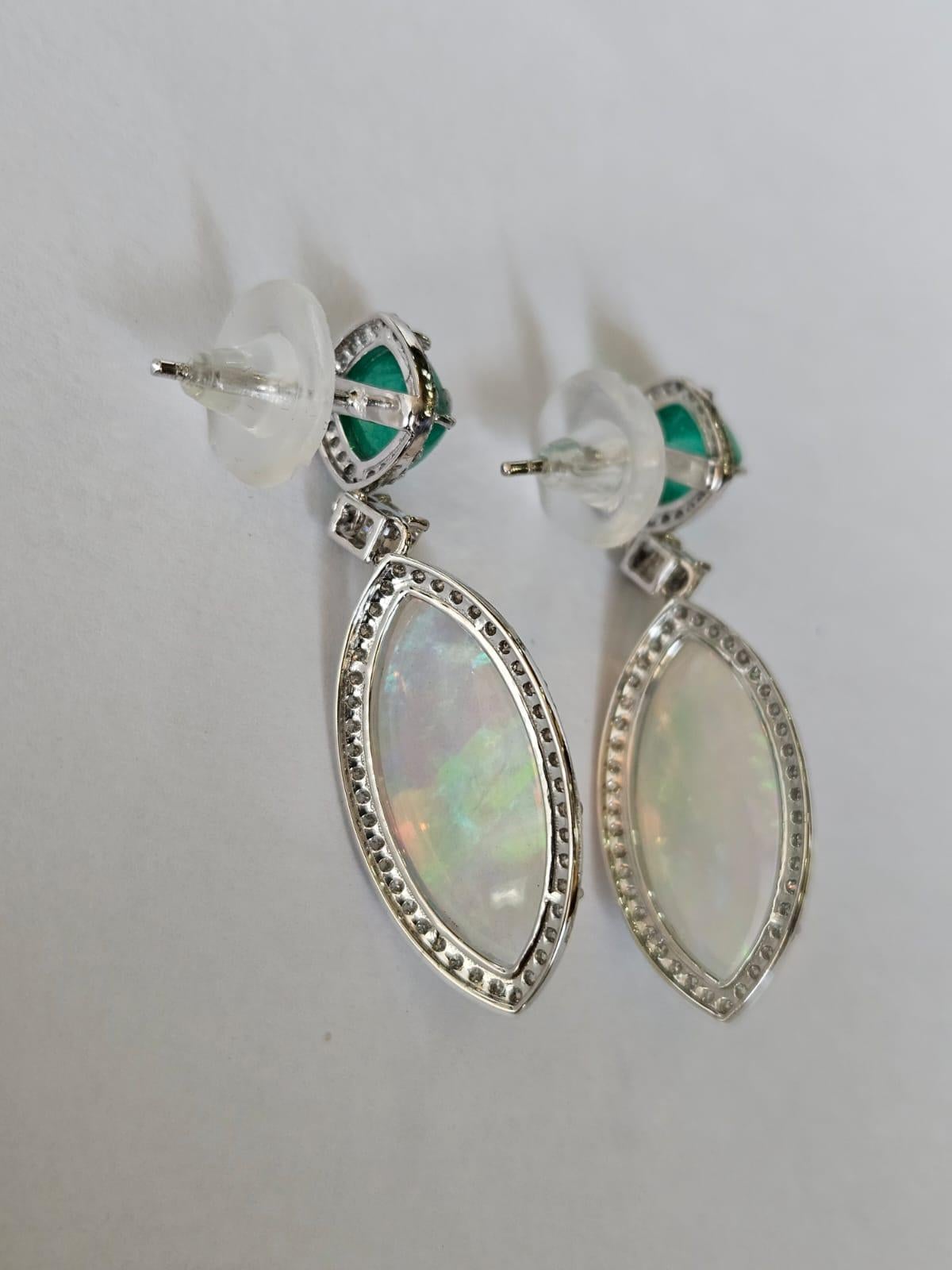 Modern 3.12carats Colombian Emerald Sugarloaf, Ethiopian Opal & Diamond Dangle Earrings For Sale