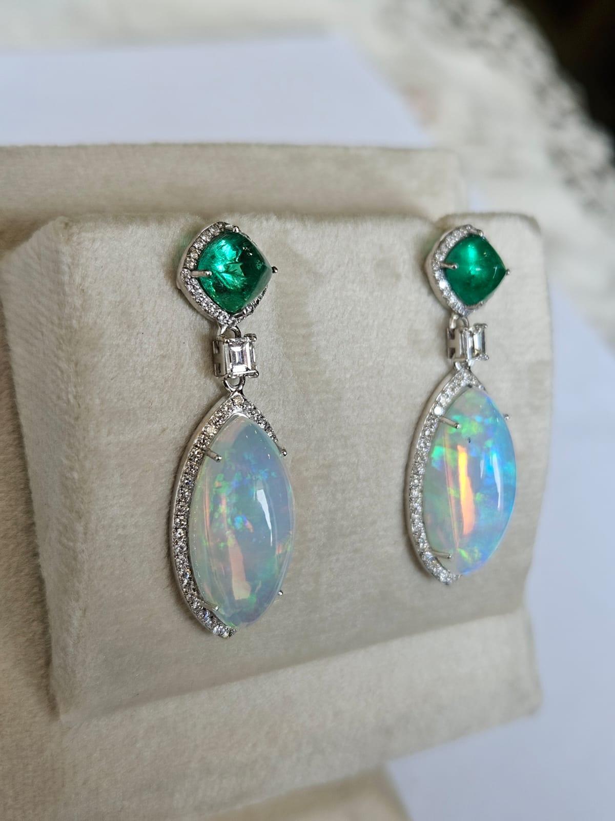 Sugarloaf Cabochon 3.12carats Colombian Emerald Sugarloaf, Ethiopian Opal & Diamond Dangle Earrings For Sale