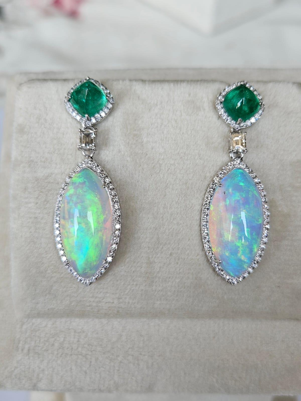 3.12carats Colombian Emerald Sugarloaf, Ethiopian Opal & Diamond Dangle Earrings In New Condition For Sale In Hong Kong, HK