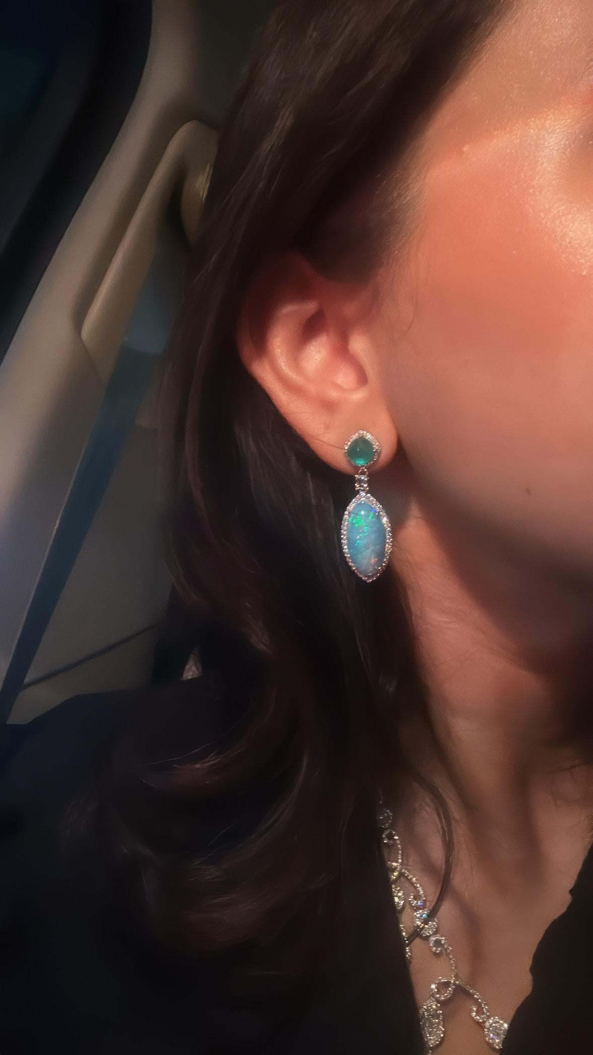 Women's or Men's 3.12carats Colombian Emerald Sugarloaf, Ethiopian Opal & Diamond Dangle Earrings For Sale