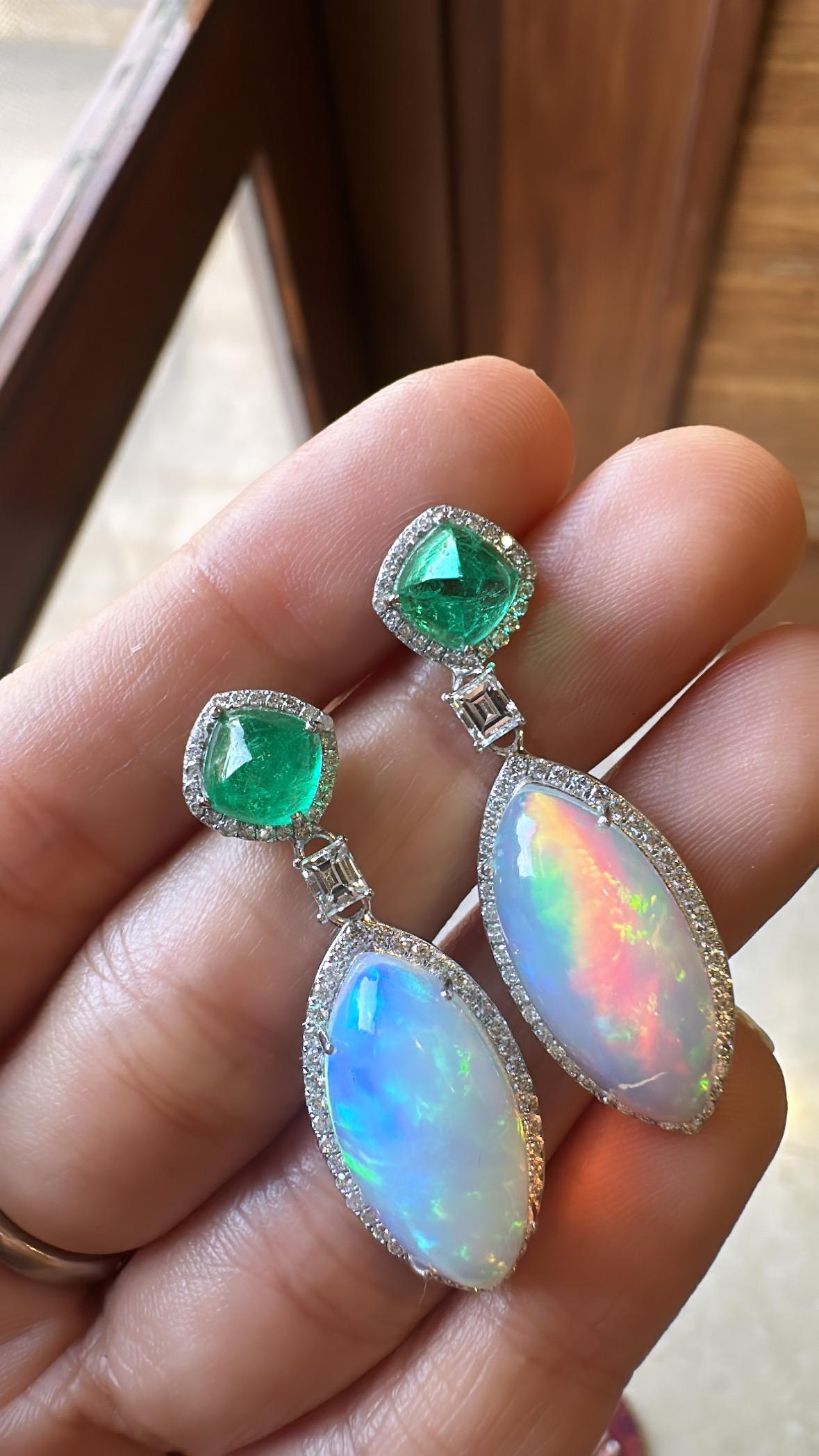 3.12carats Colombian Emerald Sugarloaf, Ethiopian Opal & Diamond Dangle Earrings For Sale 1