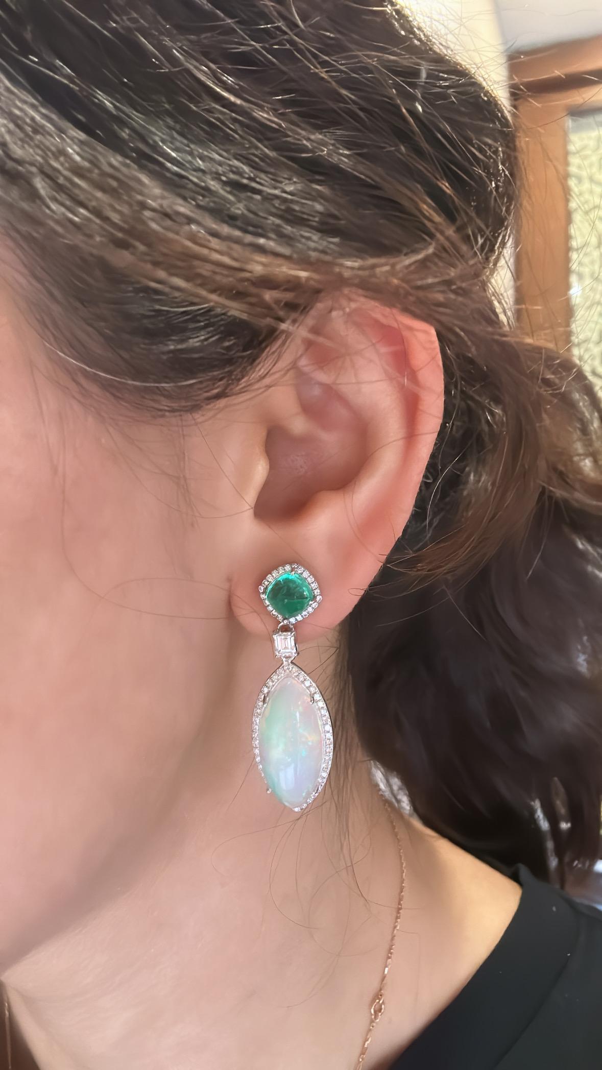 3.12carats Colombian Emerald Sugarloaf, Ethiopian Opal & Diamond Dangle Earrings For Sale 2