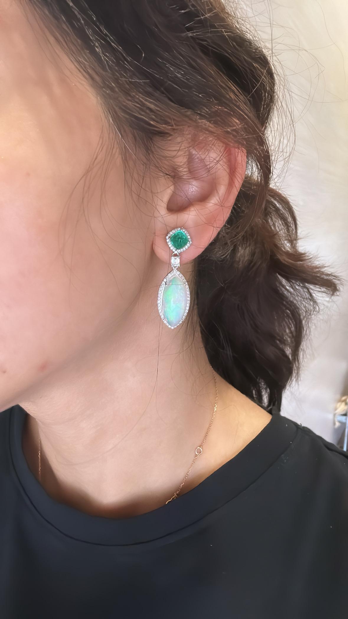 3.12carats Colombian Emerald Sugarloaf, Ethiopian Opal & Diamond Dangle Earrings For Sale 3