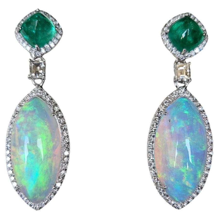 3.12carats Colombian Emerald Sugarloaf, Ethiopian Opal & Diamond Dangle Earrings