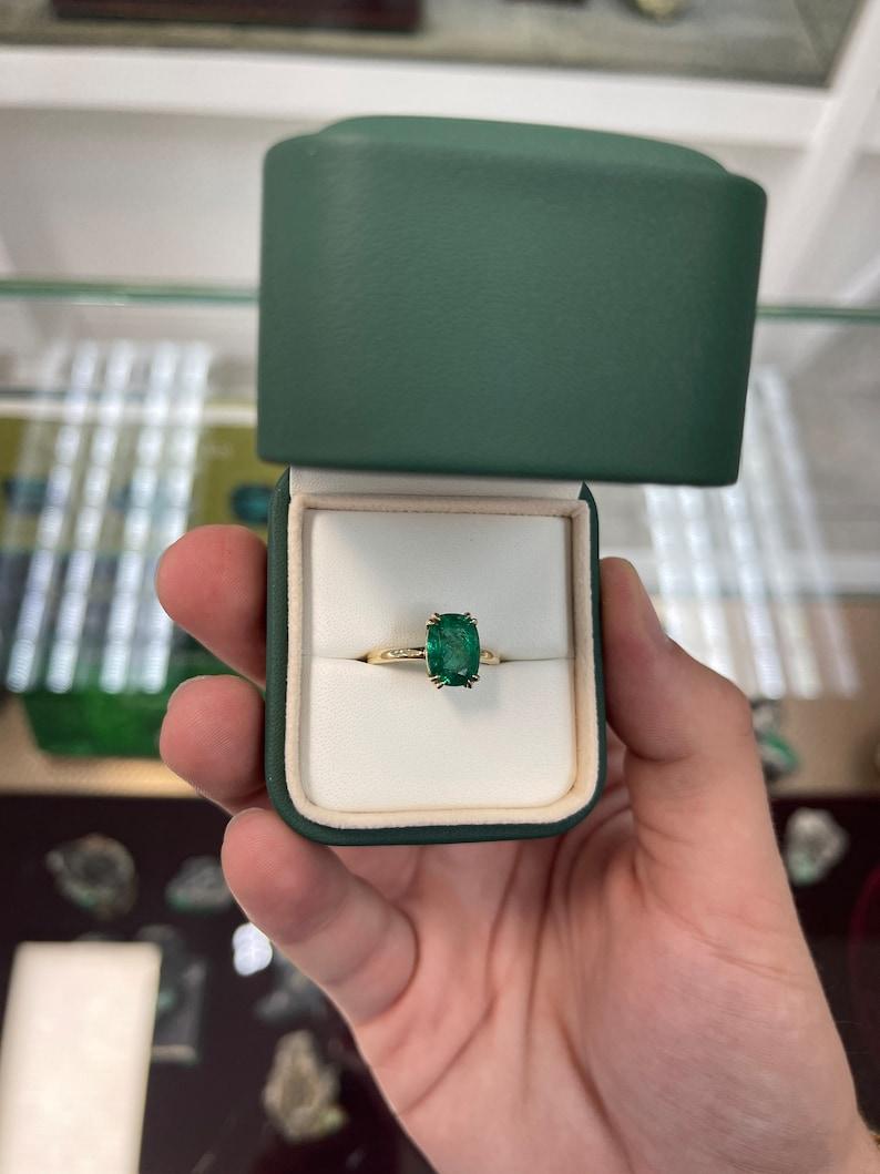 3.12ct 14K Gold Elongated Cushion Emerald Solitaire Ring Gift For Sale 2