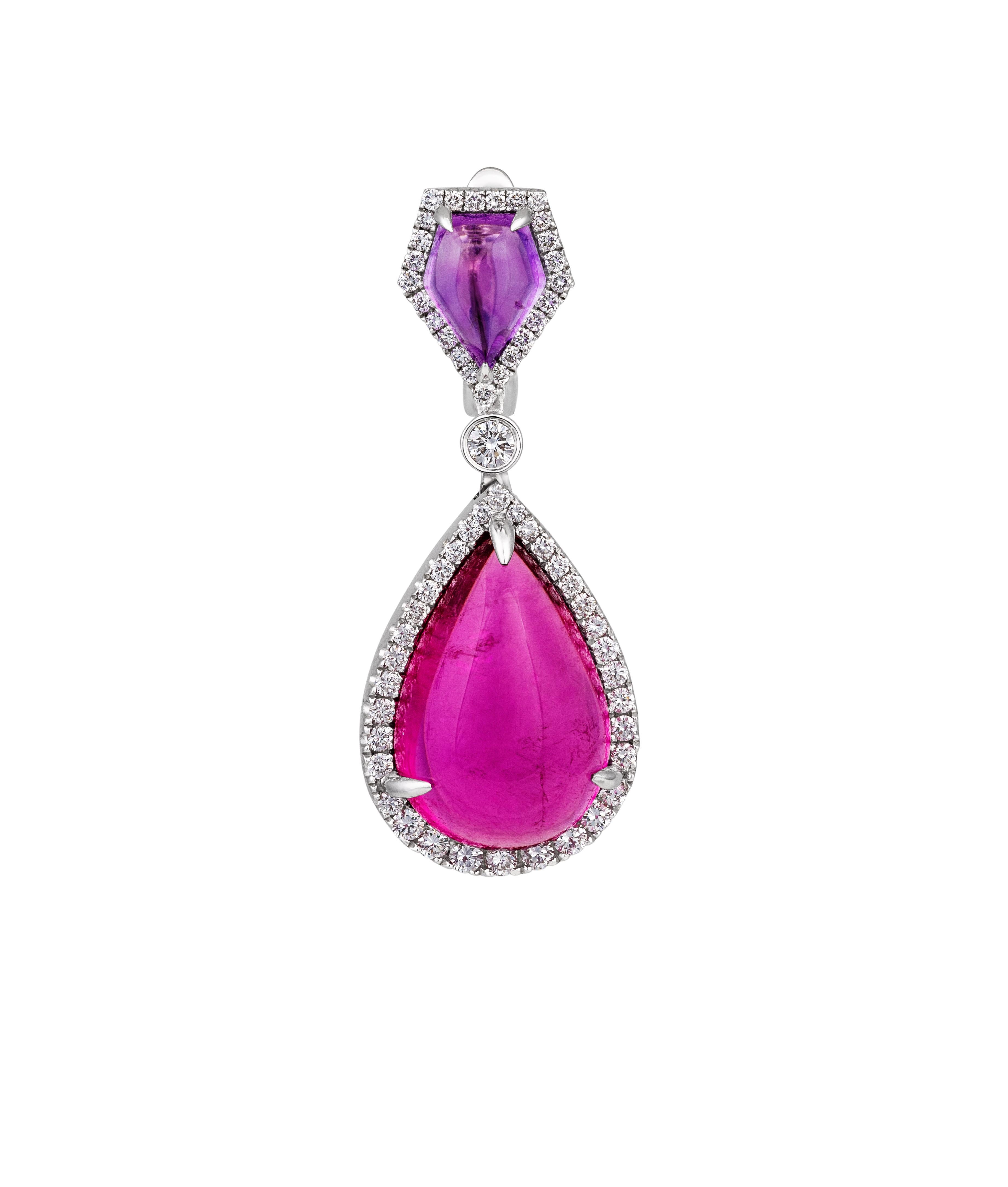 Renaissance 3.12ct Amethyst 19.87ct Ruby and 1.14ct Diamond Dangle Earrings For Sale