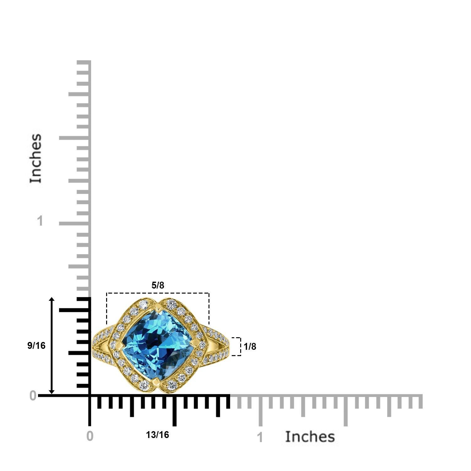 Crafted from 14k yellow gold, this charming ring is set with a cushion-cut Aquamarine and round Diamonds.

3.12ct Aquamarine Ring
0.42Tct Diamonds set
14K Yellow Gold
