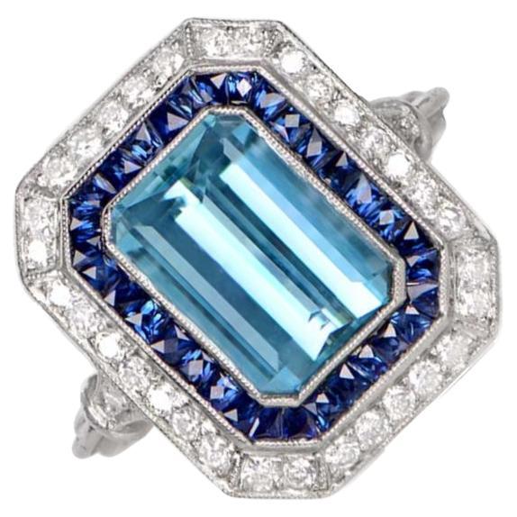 3.12ct Emerald Cut Aquamarine Cocktail Ring, Diamond & Sapphire Halo, Platinum For Sale