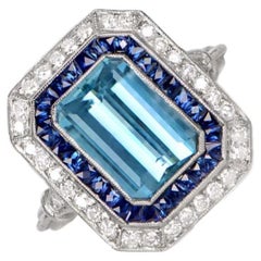 3.12ct Emerald Cut Aquamarine Cocktail Ring, Diamond & Sapphire Halo, Platinum