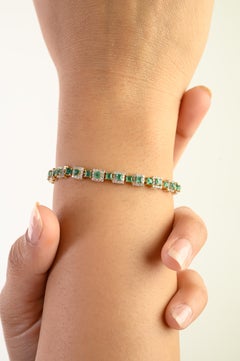 3.12Ct Nature Emerald Zambian & Diamond Square Link Tennis Bracelet en or 14K