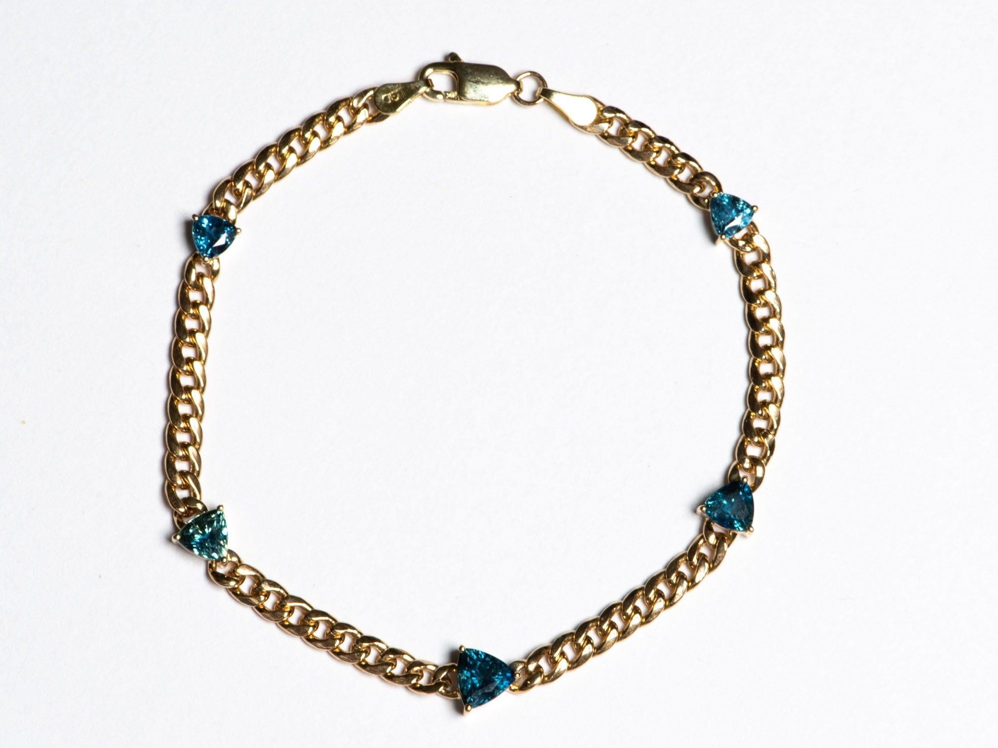Trillion Cut 3.12ct Teal Blue Sapphire on Miami Cuban Link Chain 14K Gold Bracelet R2122
