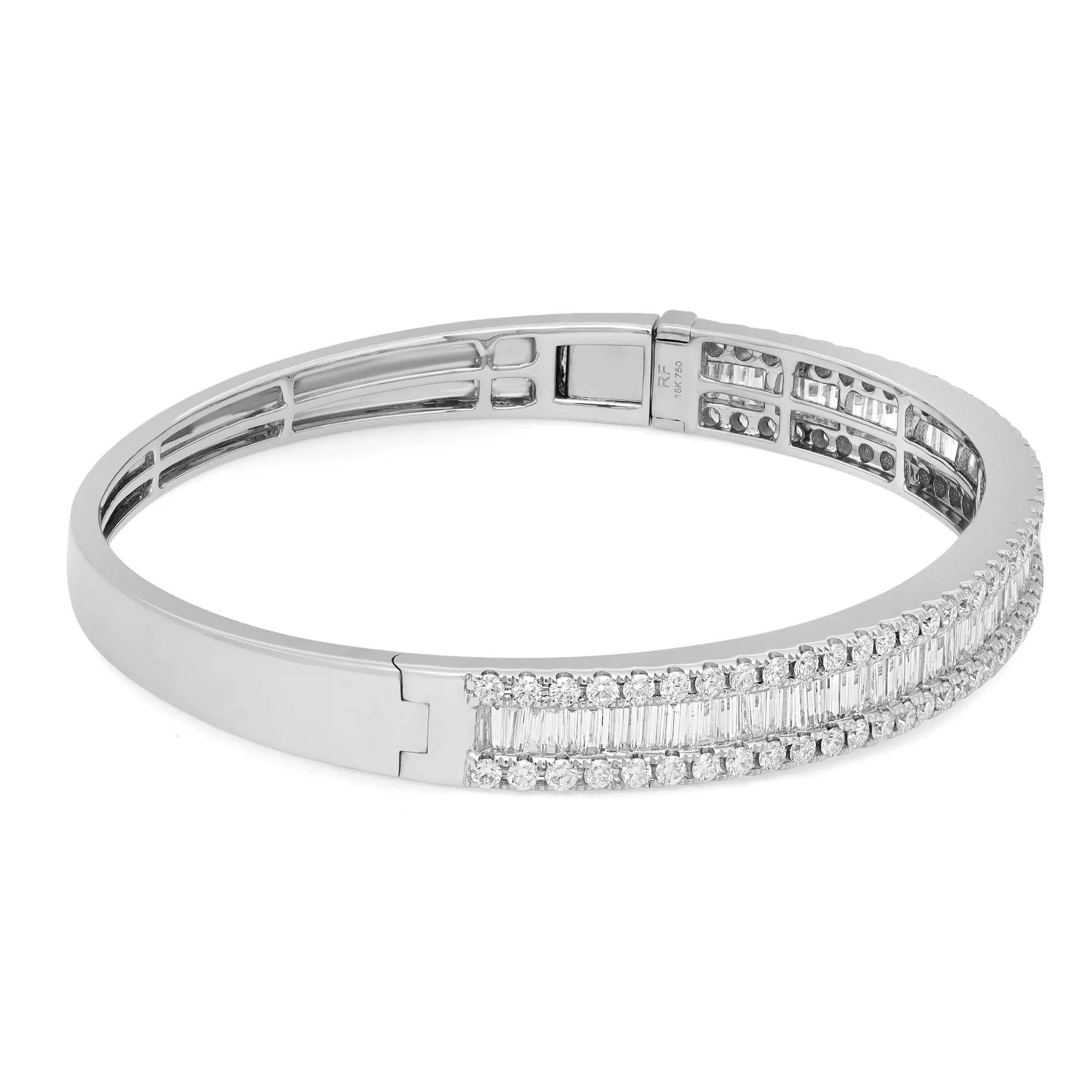 3.12Cttw Baguette & Round Cut Diamond Bangle Bracelet 18K White Gold In New Condition For Sale In New York, NY