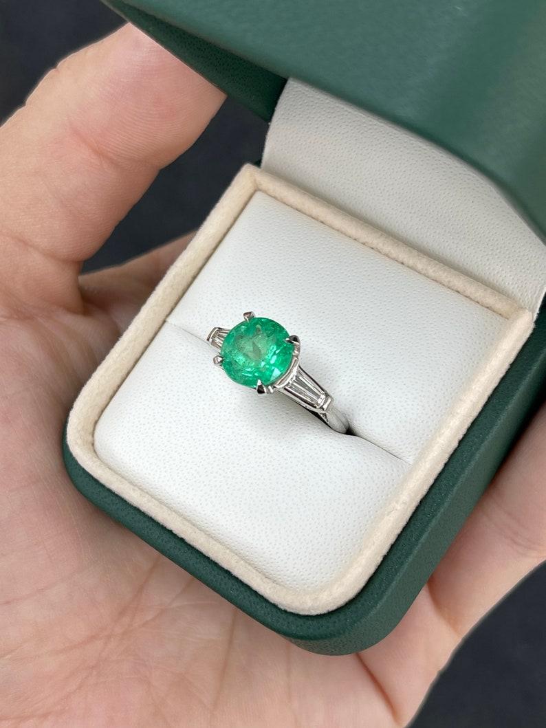 Emerald Cut 3.12tcw 14K Gold Colombian Emerald & Diamond Three Stone Ring For Sale