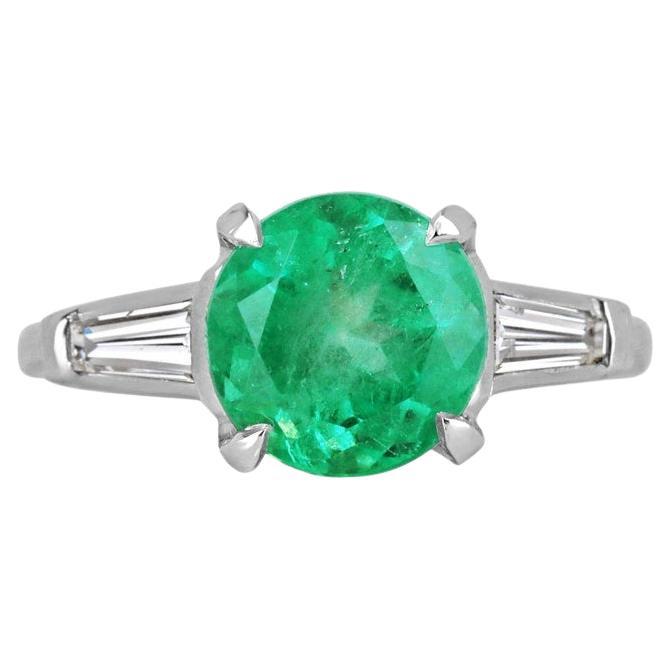 3.12tcw 14K Gold Colombian Emerald & Diamond Three Stone Ring For Sale