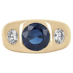 3.12tcw 18K Three Stone Natural Sapphire & Round Diamond Gypsy Bezel Gold Ring