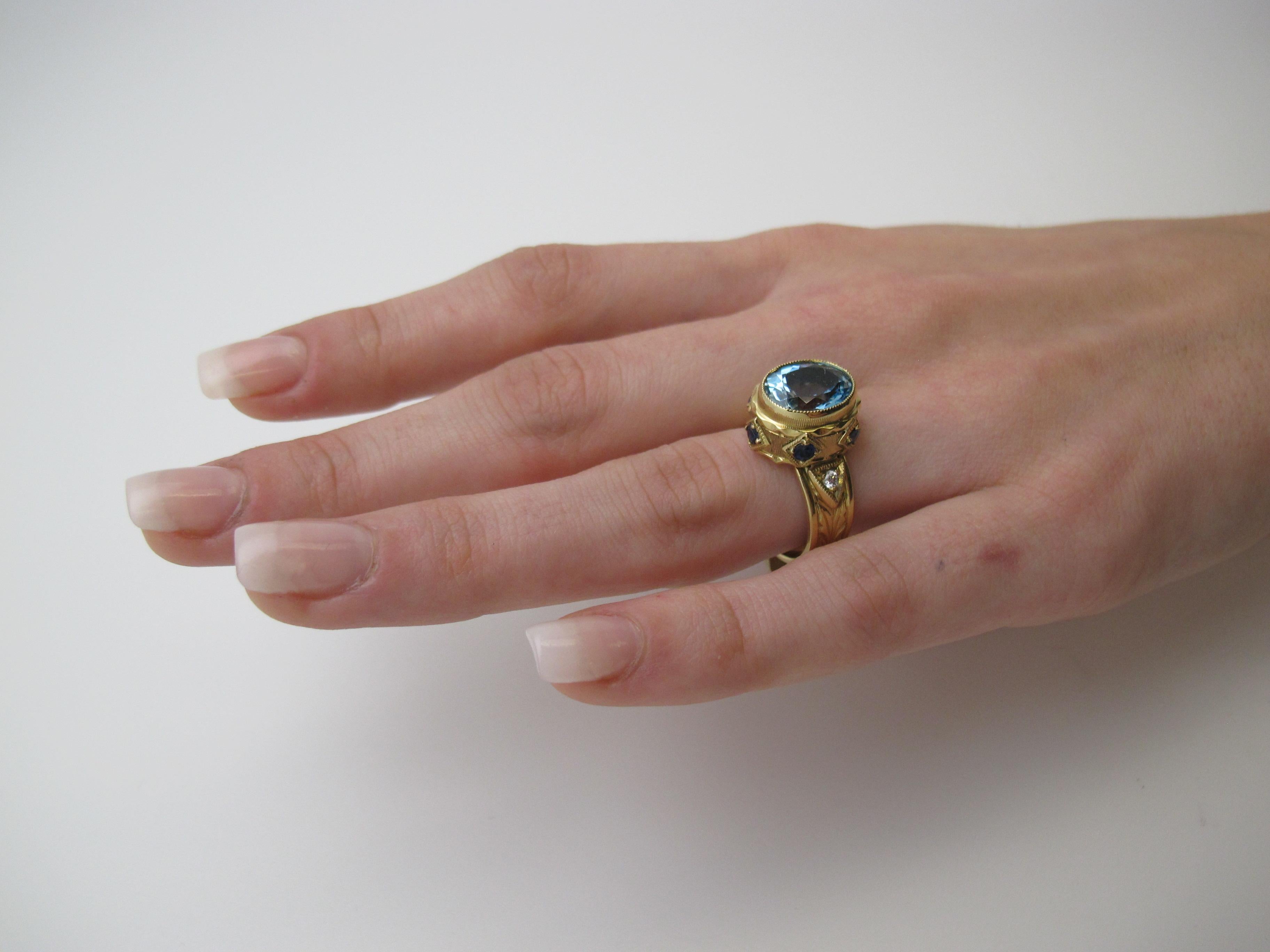 3.13 ct. Aquamarine, Blue Sapphire, Diamond Yellow Gold Engraved Bezel Band Ring 5