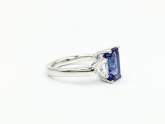 3.13 Carat Blue Sapphire Platinum Ring with Trillion Diamonds