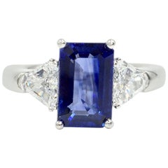 3.13 Carat Blue Sapphire Platinum Ring with Trillion Diamonds