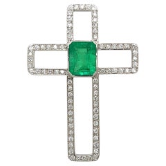 3.13 Carat Emerald and Diamond Platinum Cross Pendant Estate Fine Jewelry