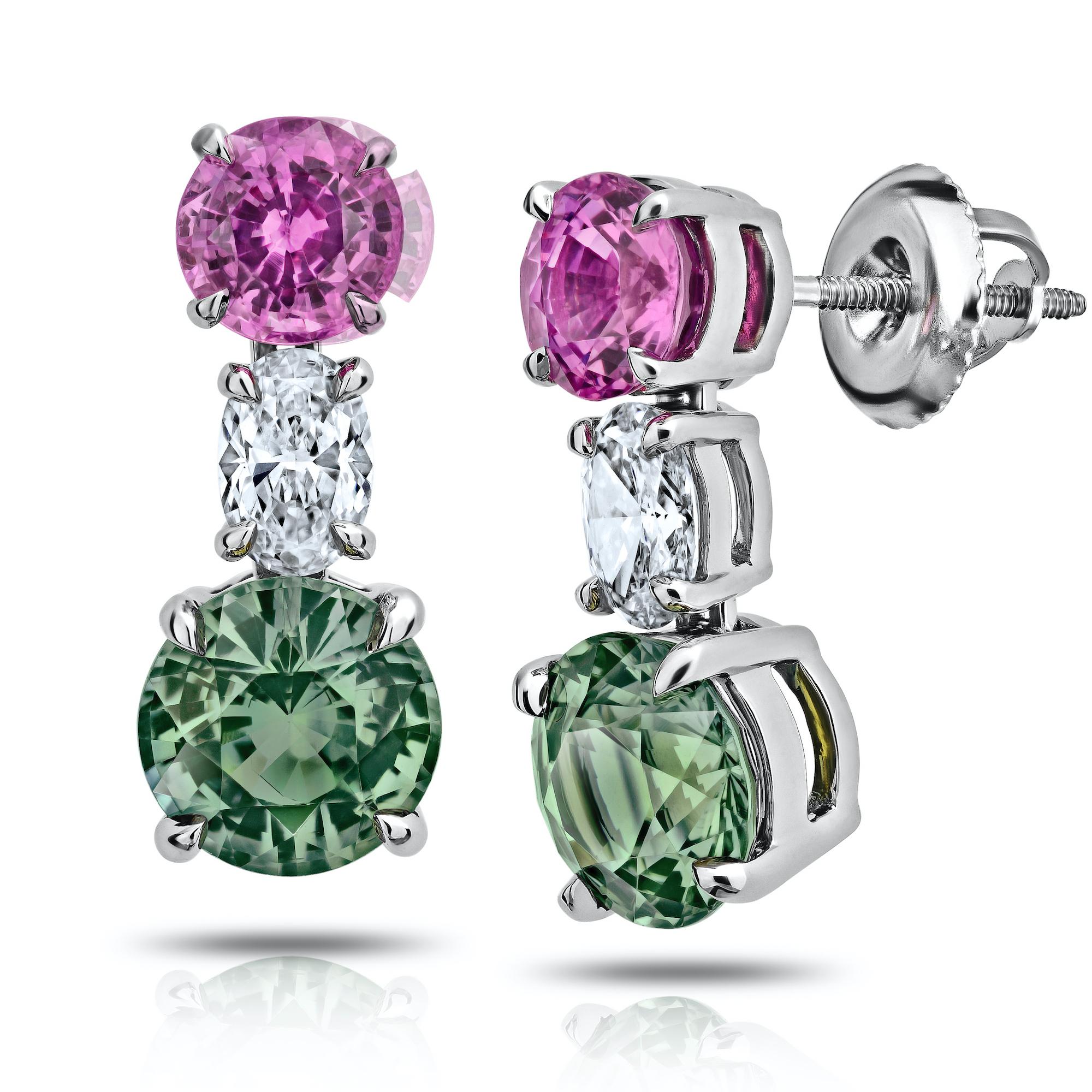 Green (no heat) and Pink Round Sapphire and Diamond Drop Earrings, with a total green Sapphire weight of 2.10 carats and 1.03 carats of pink sapphires plus 0.37 carats of oval Diamonds set on platinum screw backs.