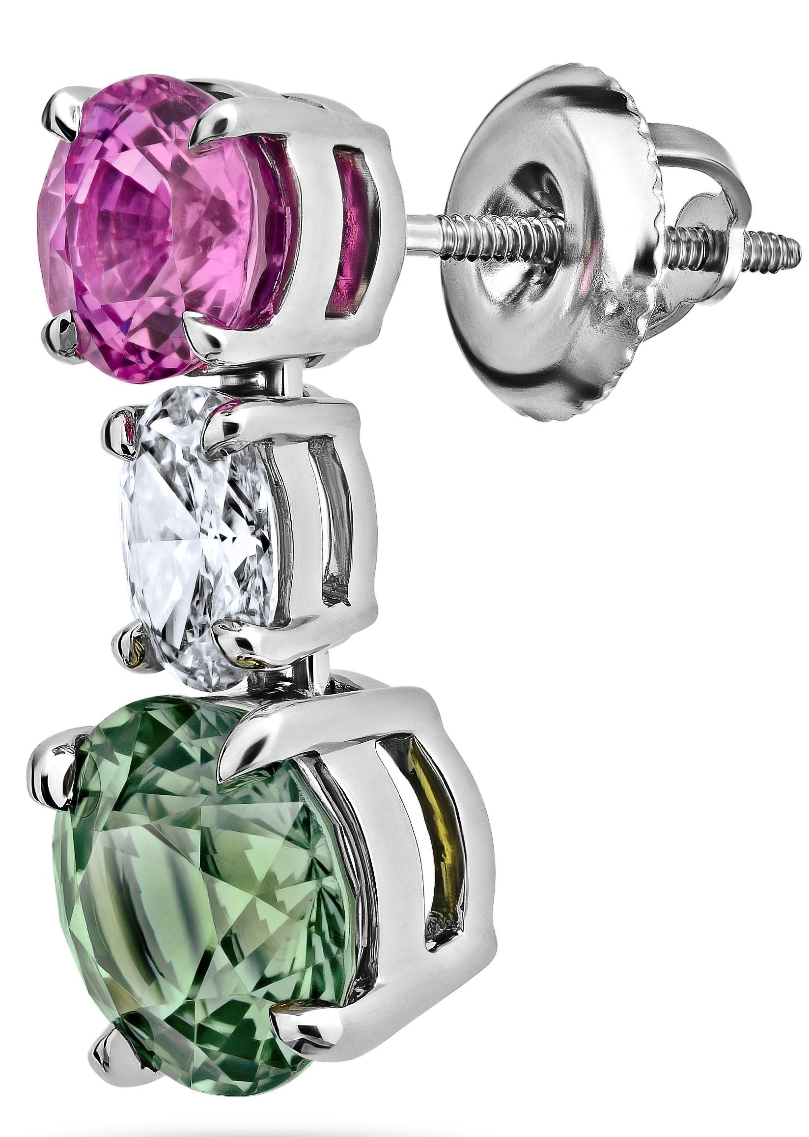 Contemporary 3.13 Carat Green and Pink Round Sapphire and Diamond Earrings For Sale