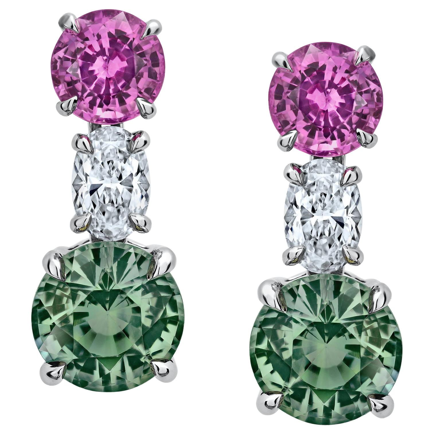 3.13 Carat Green and Pink Round Sapphire and Diamond Earrings For Sale