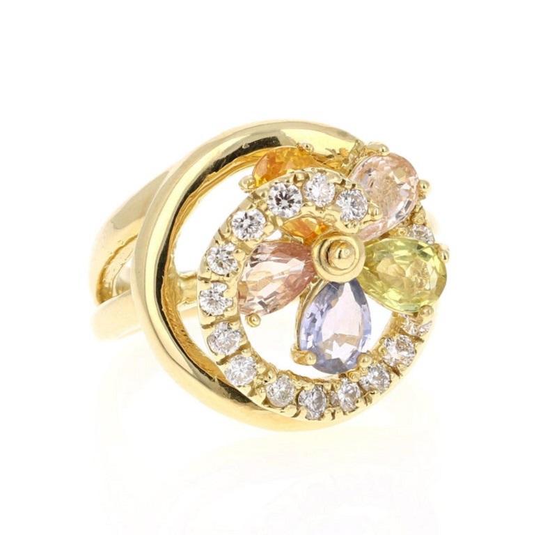 Schöner und einzigartiger Multi Sapphire & Diamond Movable Ring!
Dieser Ring hat 5 mehrfarbige Saphire im Birnenschliff mit einem Gewicht von 2,60 Karat. Es hat auch 18 Rundschliff Diamanten, die 0,53 Karat wiegen. Klarheit: VS und Farbe: H. Das