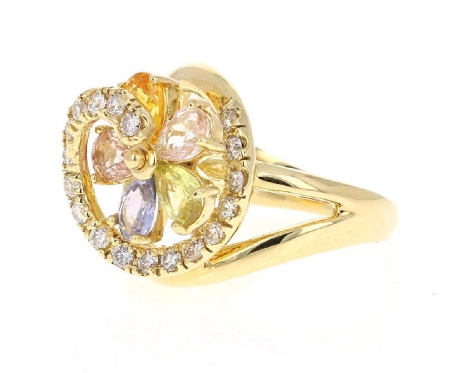 Contemporary 3.13 Carat Multi Sapphire Diamond 18 Karat Yellow Gold Cocktail Ring For Sale