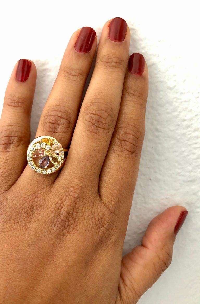3.13 Carat Multi Sapphire Diamond 18 Karat Yellow Gold Cocktail Ring In New Condition For Sale In Los Angeles, CA