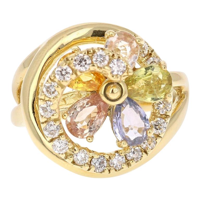 3.13 Carat Multi Sapphire Diamond 18 Karat Yellow Gold Cocktail Ring For Sale