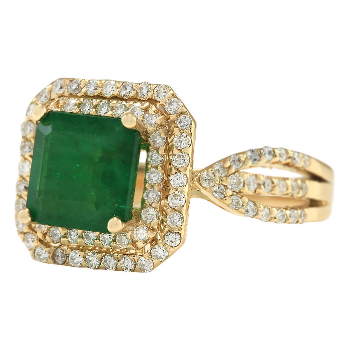 3.13 Carat Natural Emerald 14 Karat Yellow Gold Diamond Ring
Stamped: 14K Yellow Gold
Total Ring Weight: 6.0 Grams
Total Natural Emerald Weight is 2.43 Carat (Measures: 7.50x7.50 mm)
Color: Green
Total Natural Diamond Weight is 0.70 Carat
Color:
