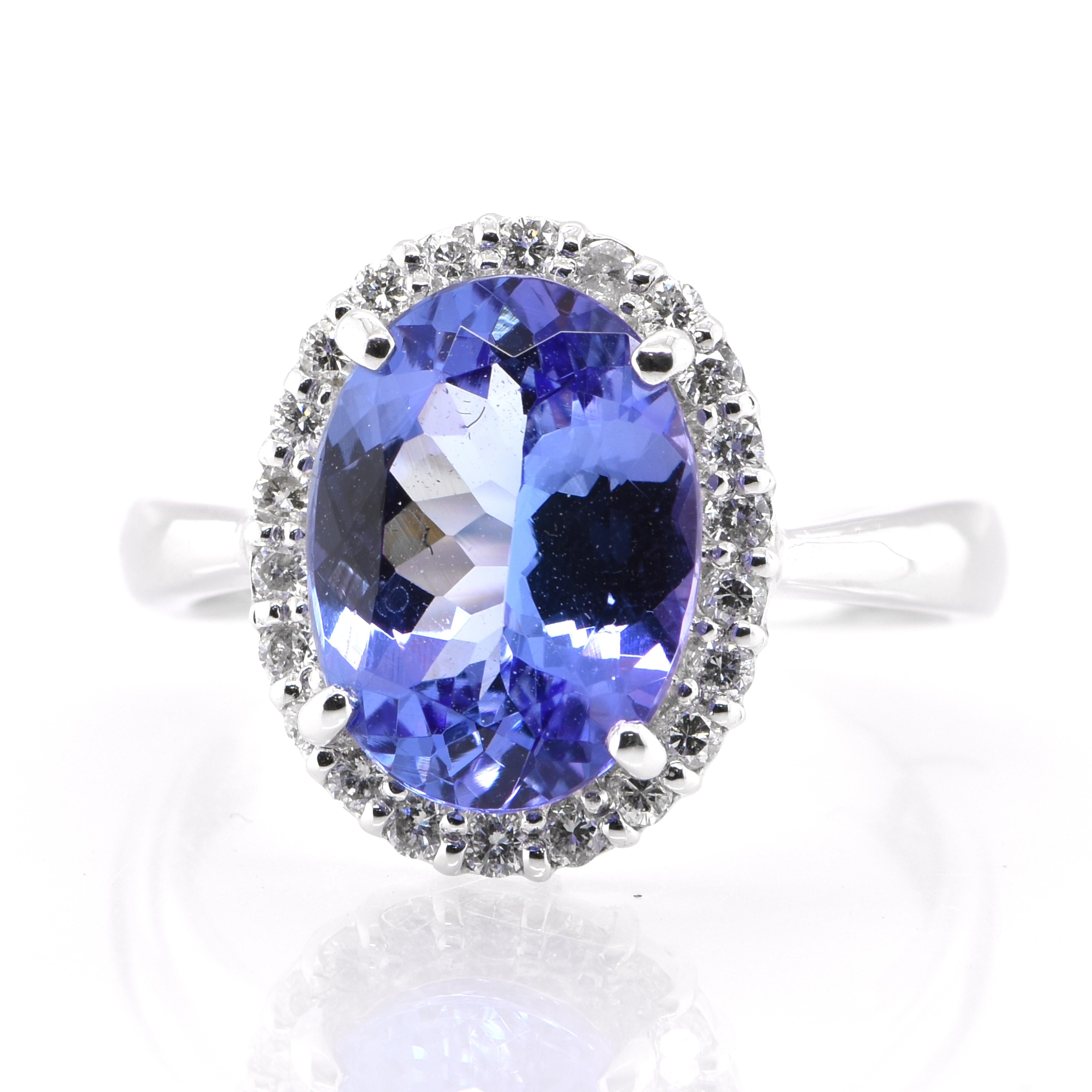 A beautiful ring featuring a 3.13 Carat Natural Tanzanite and 0.25 Carat Diamond Accents set in Platinum. Tanzanite's name was given by Tiffany and Co after its only known source: Tanzania. Tanzanite displays beautiful pleochroic colors meaning they