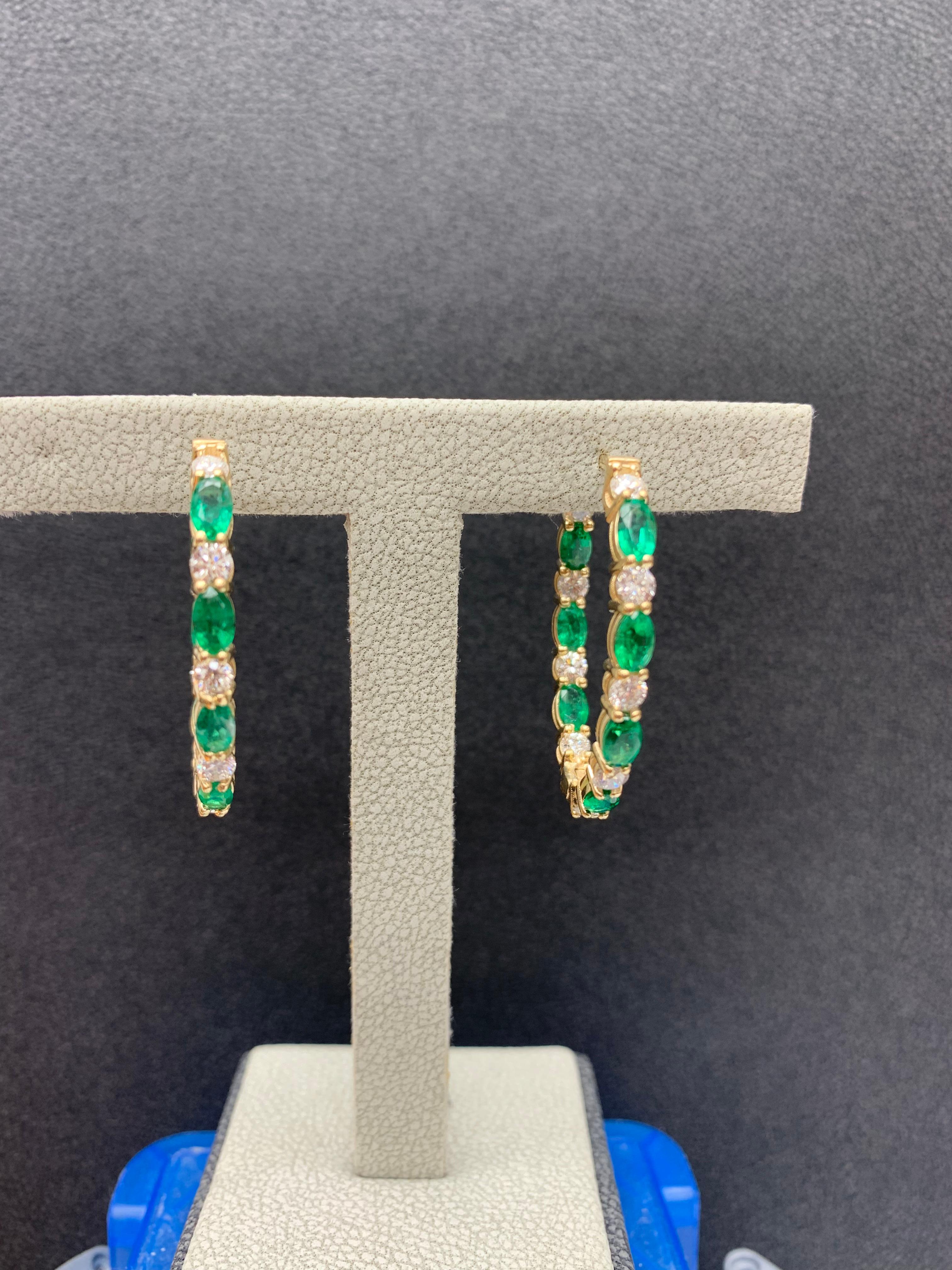 3.13 Carat Oval Cut Emerald and Diamond Hoop Earrings in 14K Yellow Gold For Sale 5