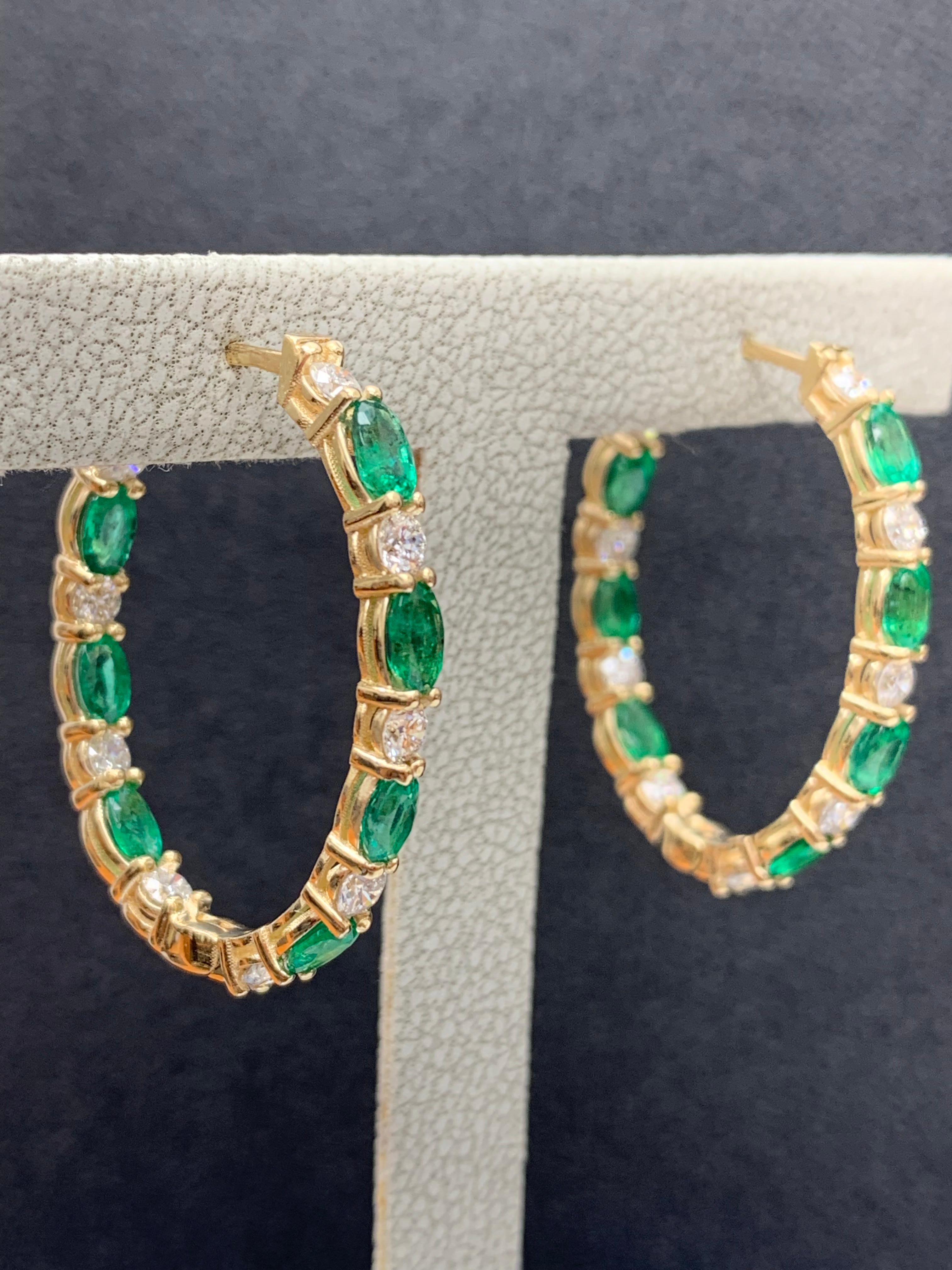 3.13 Carat Oval Cut Emerald and Diamond Hoop Earrings in 14K Yellow Gold For Sale 6