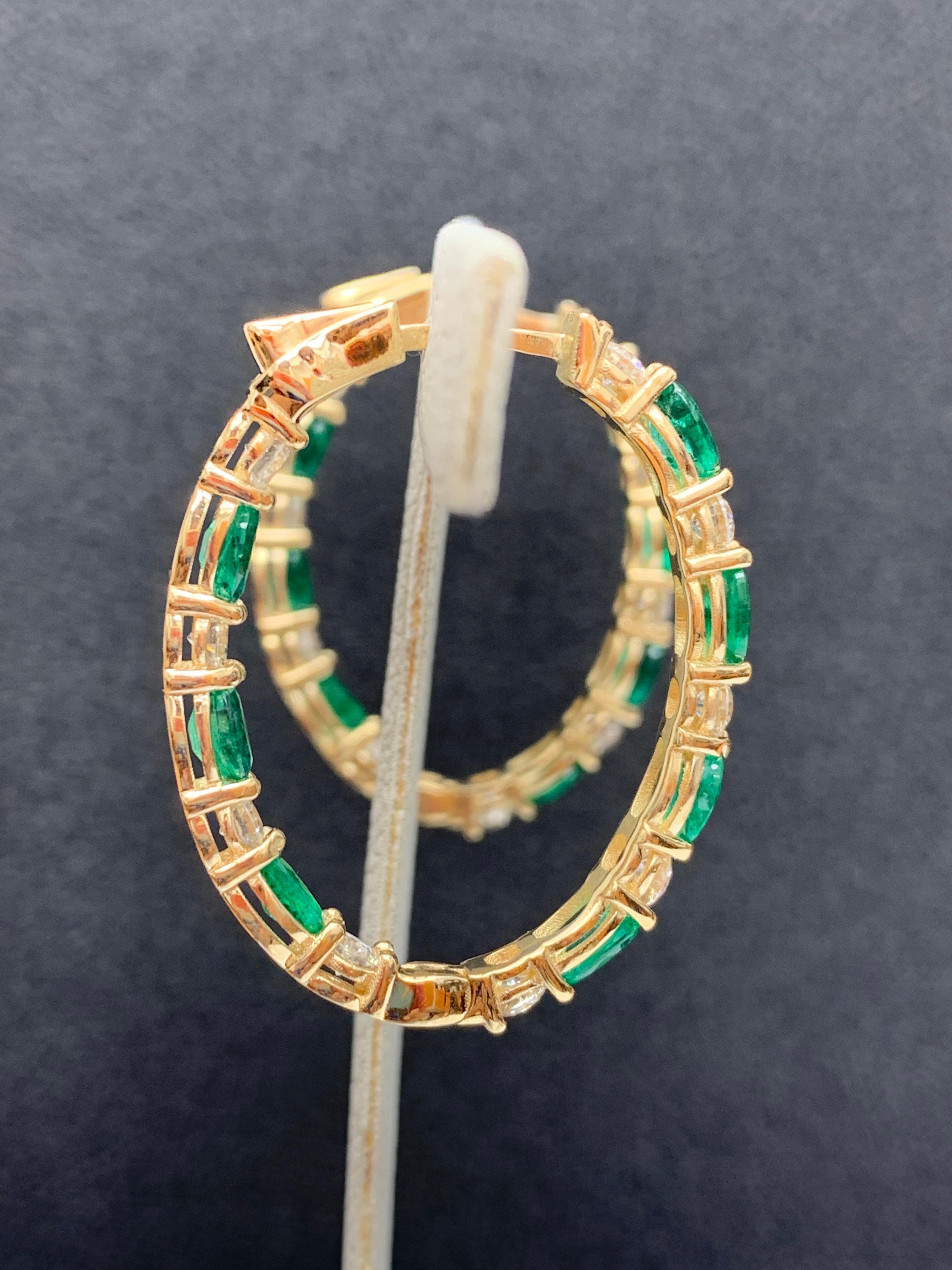 3.13 Carat Oval Cut Emerald and Diamond Hoop Earrings in 14K Yellow Gold For Sale 7
