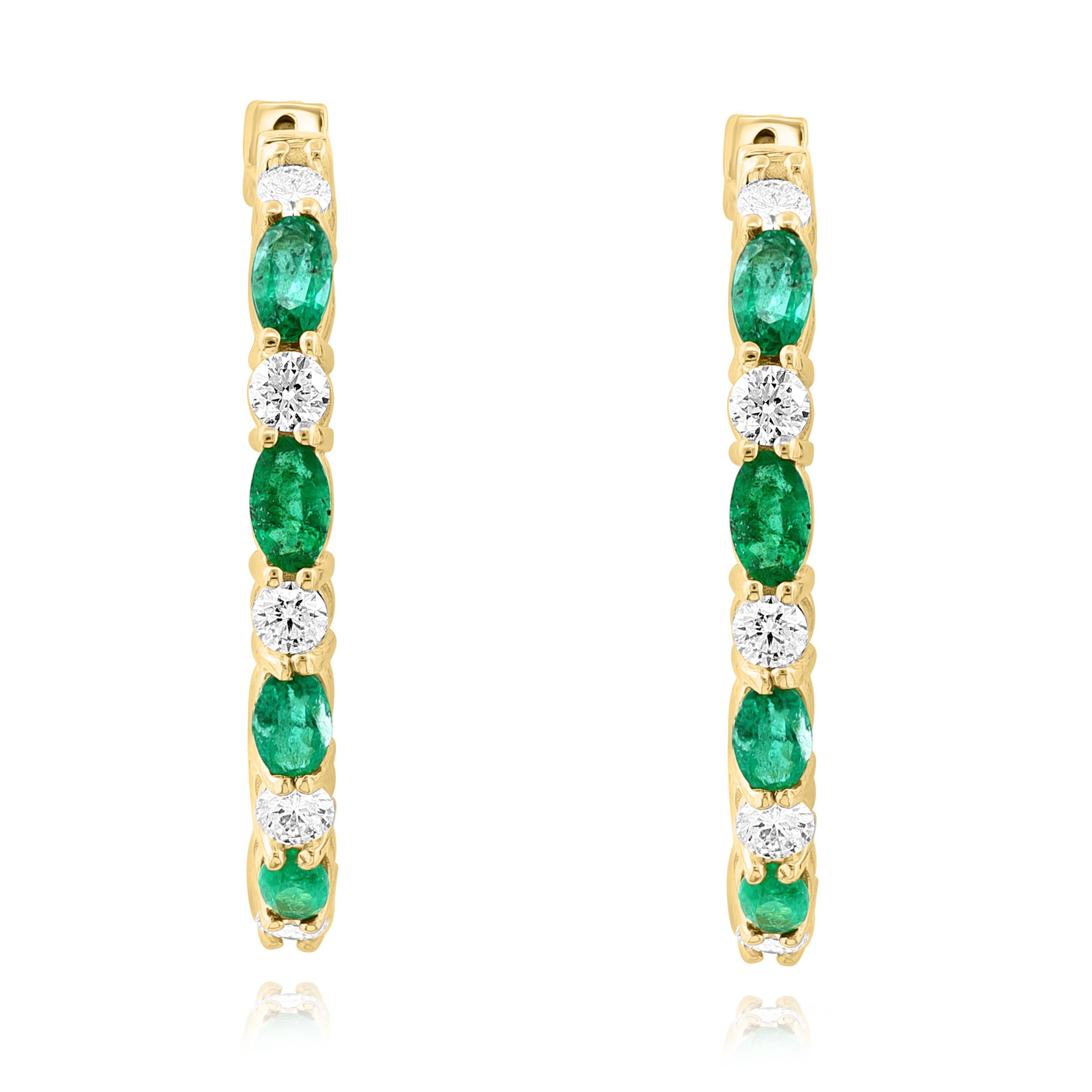 Contemporary 3.13 Carat Oval Cut Emerald and Diamond Hoop Earrings in 14K Yellow Gold For Sale