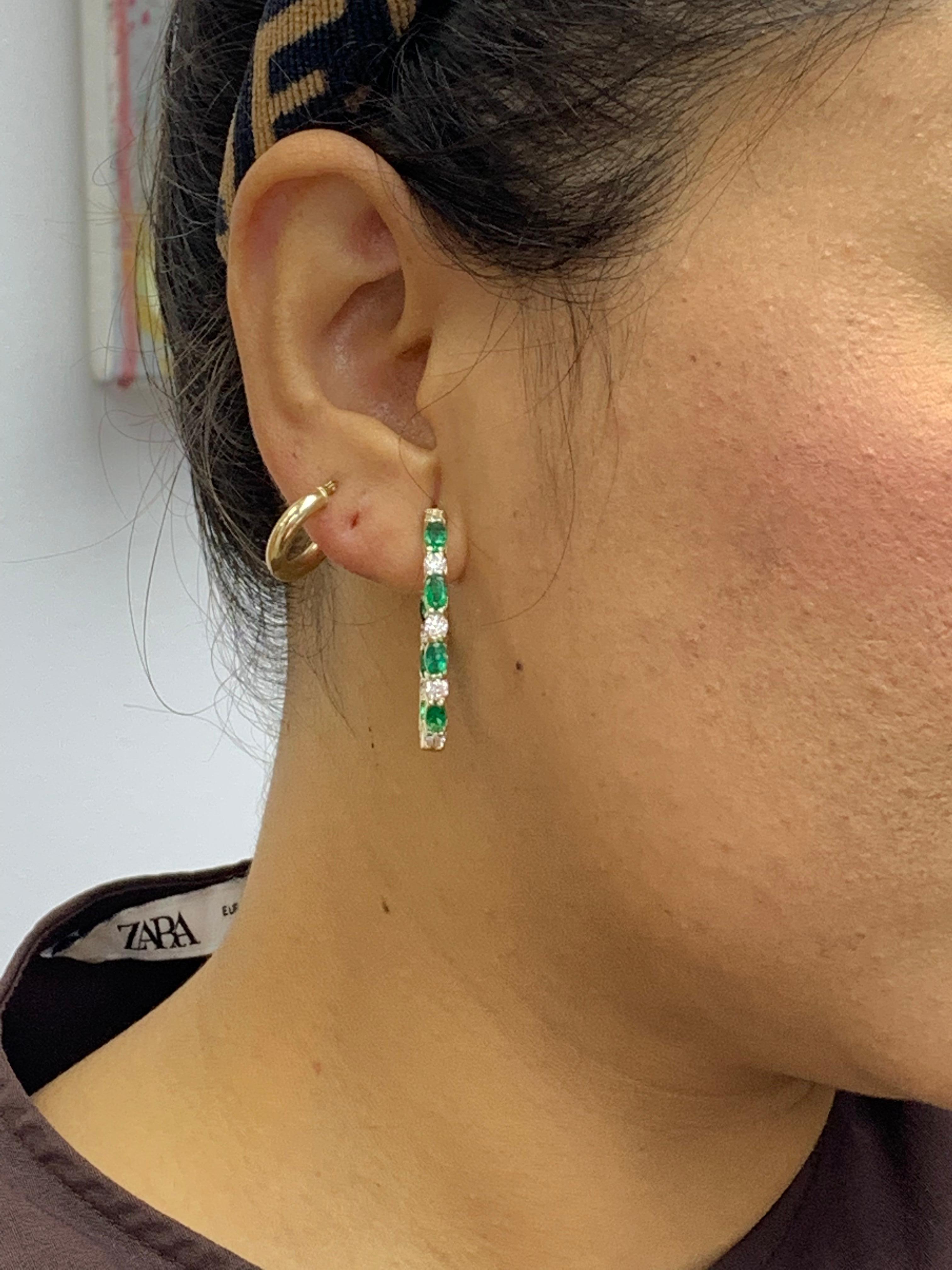 3.13 Carat Oval Cut Emerald and Diamond Hoop Earrings in 14K Yellow Gold In New Condition For Sale In NEW YORK, NY